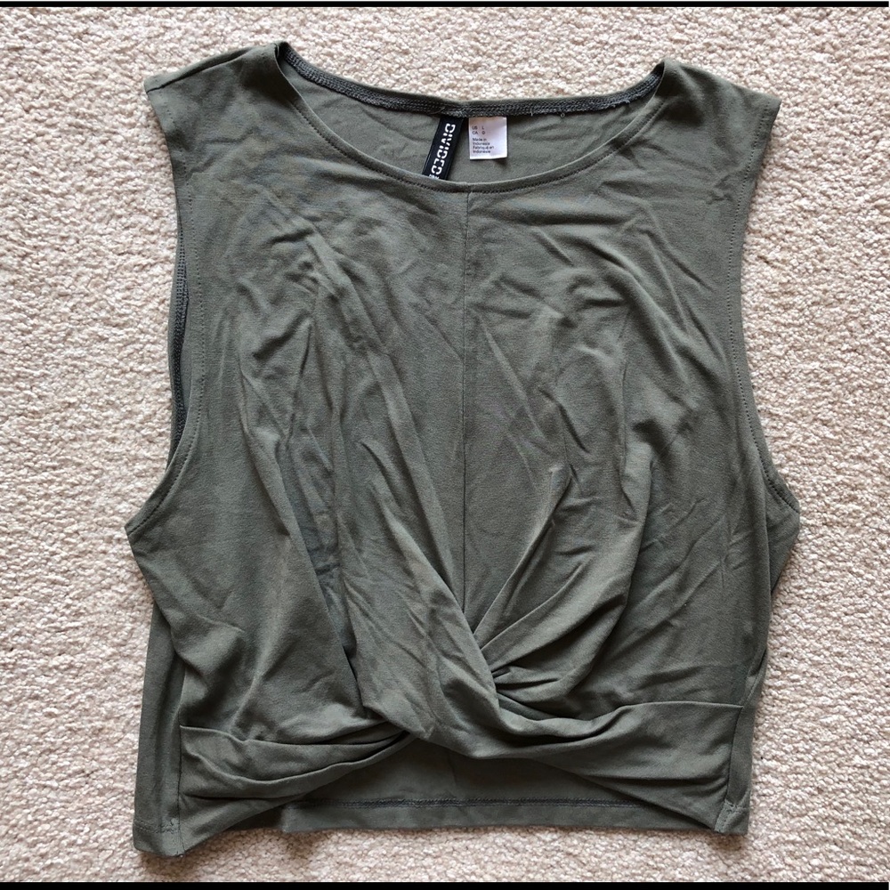H&M Divided Olive Green Sleeveless Twist Crop Tank Top Knit Top New Large L